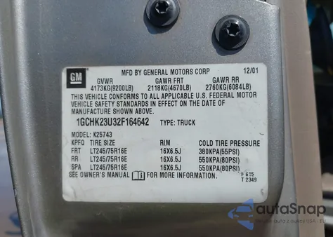 2002 Chevrolet Silverado 2500Hd Ls from USA, damaged, VIN 1GCHK23U32F164642